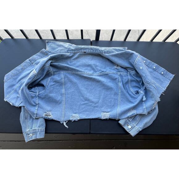 Frenchy Cropped Raw Hem Distressed Light Blue Denim Jacket Jean Plus 3XL Shein - Picture 8 of 16